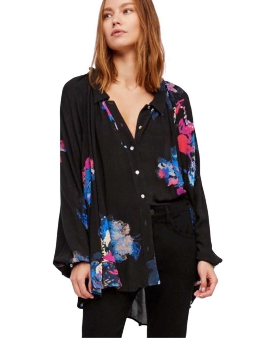Free People Meadow Lark Tunic Top Size Small Black Floral